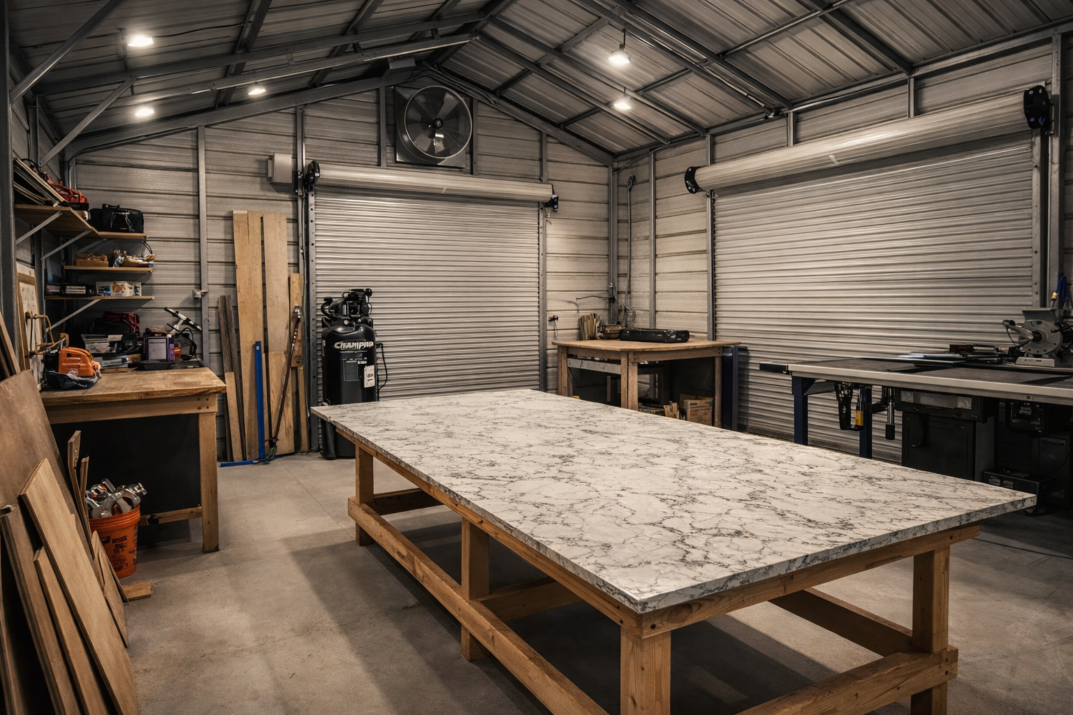 Workshop interior with workbench, tools, and two roll-up doors.