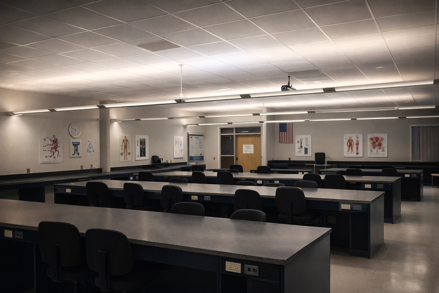 Empty science lab with rows of tables, chairs, and artwork on the walls.