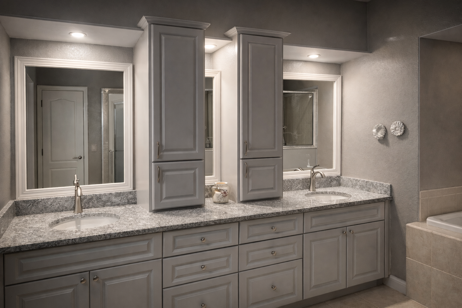 Bathroom with gray cabinets, granite countertop, two sinks, mirrors, and tall storage cabinets.