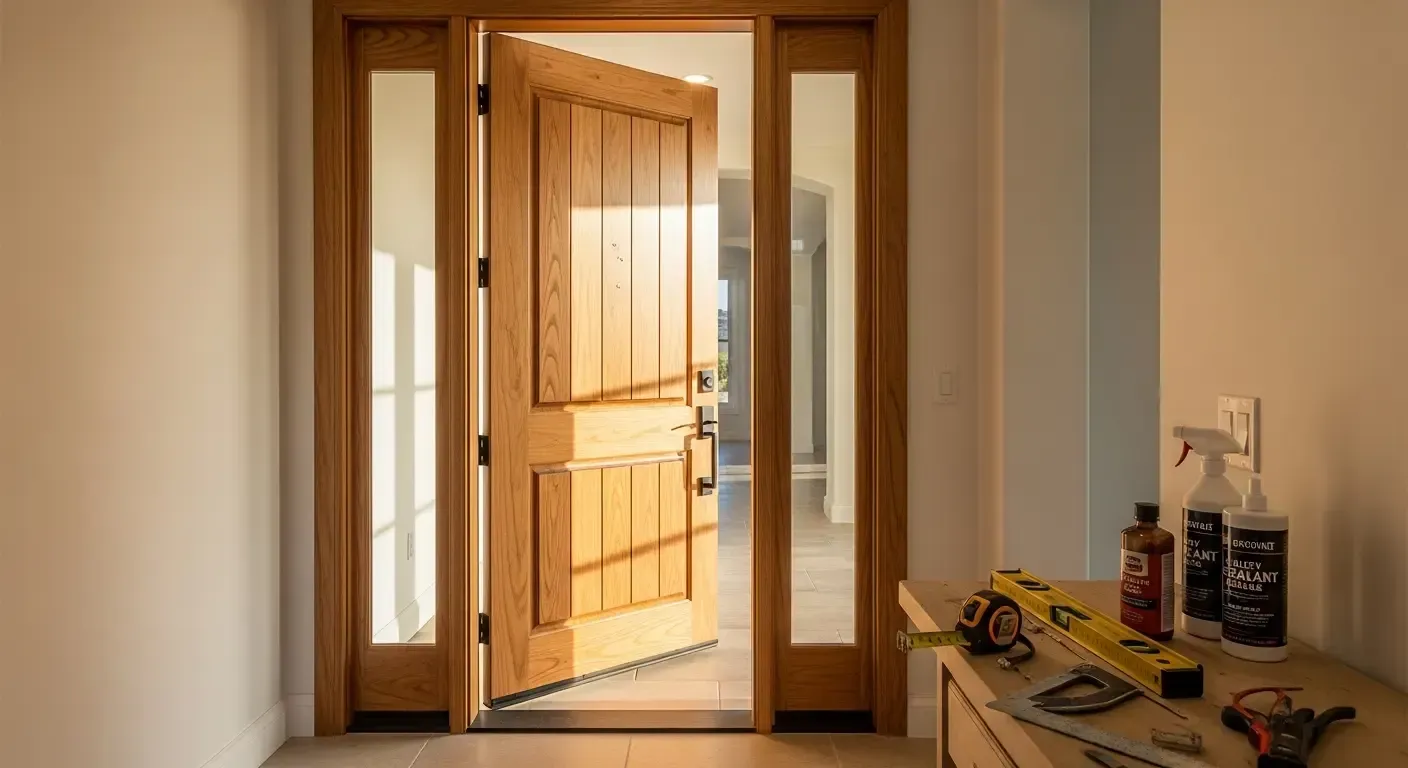 Sunlit hallway with an open wooden front door and a table of tools and bottles on the right