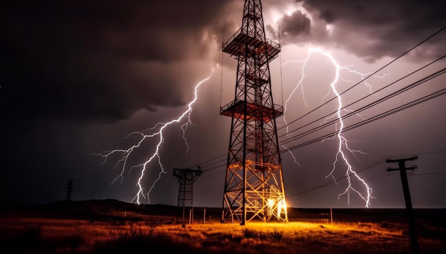 Un rayo cae detrás de una gran torre metálica de transmisión eléctrica por la noche, proyectando un brillo intenso sobre el suelo.