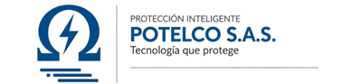 Logotipo de POTELCO SAS que presenta una esfera azul que contiene un símbolo omega rojo con patrones de circuitos, junto al nombre de la empresa.