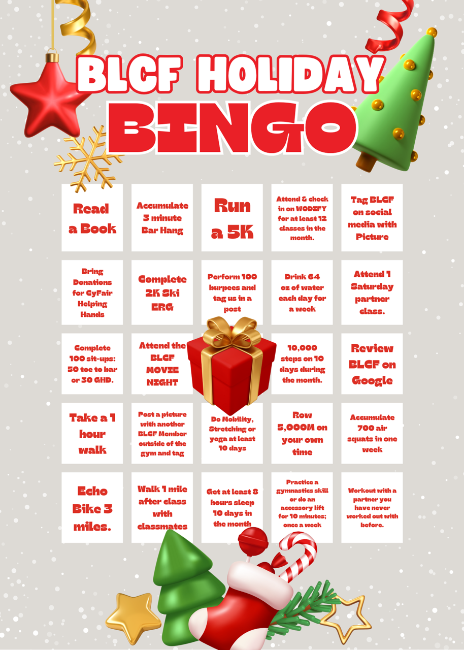 A blcf holiday bingo with a christmas tree and candy canes