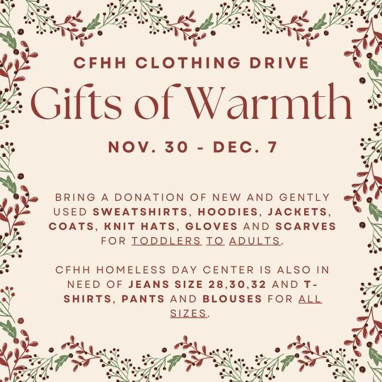 A poster for a clothing drive called gifts of warmth