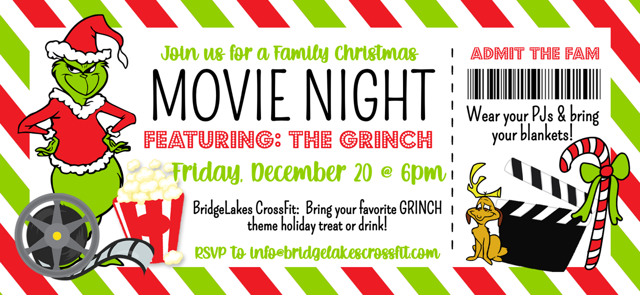 A movie night invitation for a family christmas featuring the grinch