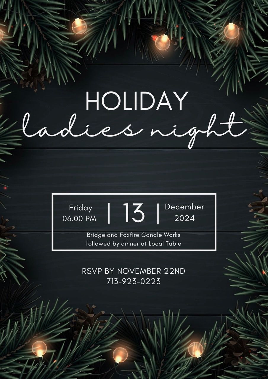 A holiday ladies night invitation with pine branches and lights on a wooden background.