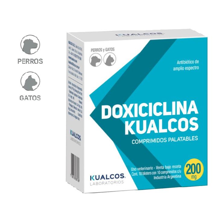 Caja de comprimidos de Doxiciclina Kualcos para perros y gatos; envase azul y blanco.