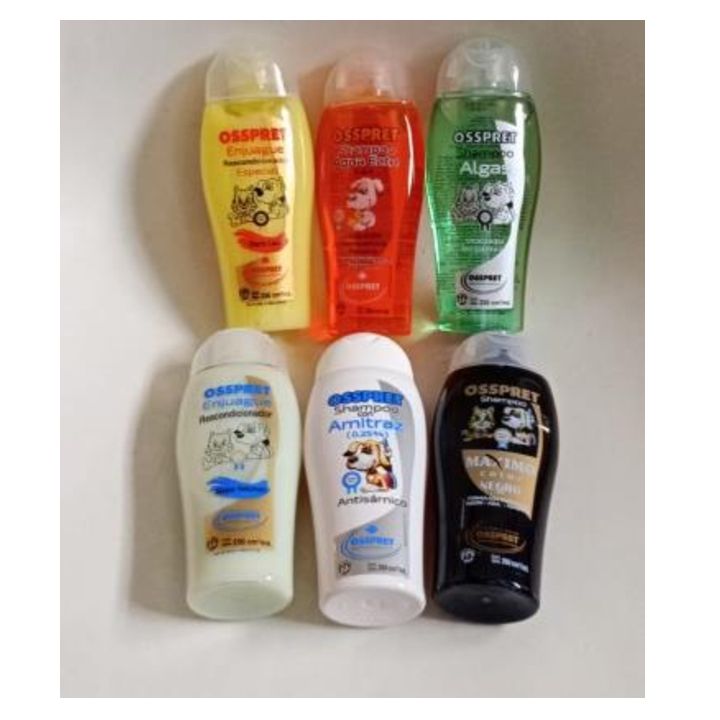 Seis botellas de champú para mascotas Osprey en varios colores y fórmulas.