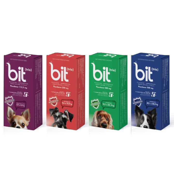 Cajas de golosinas para perros en color morado, rojo, verde y azul, cada una con la imagen de una raza de perro diferente.