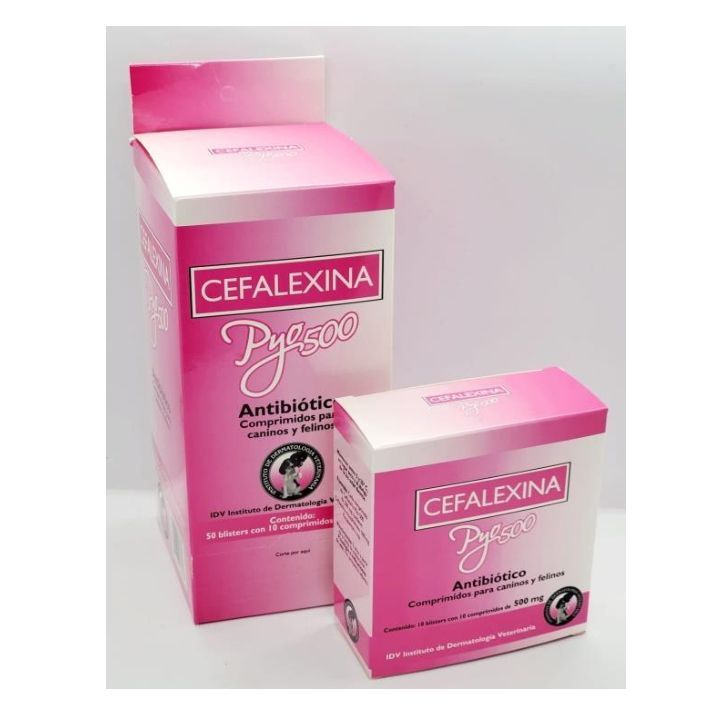 Cajas de comprimidos de antibiótico Cefalexina 500, envase rosa y blanco.