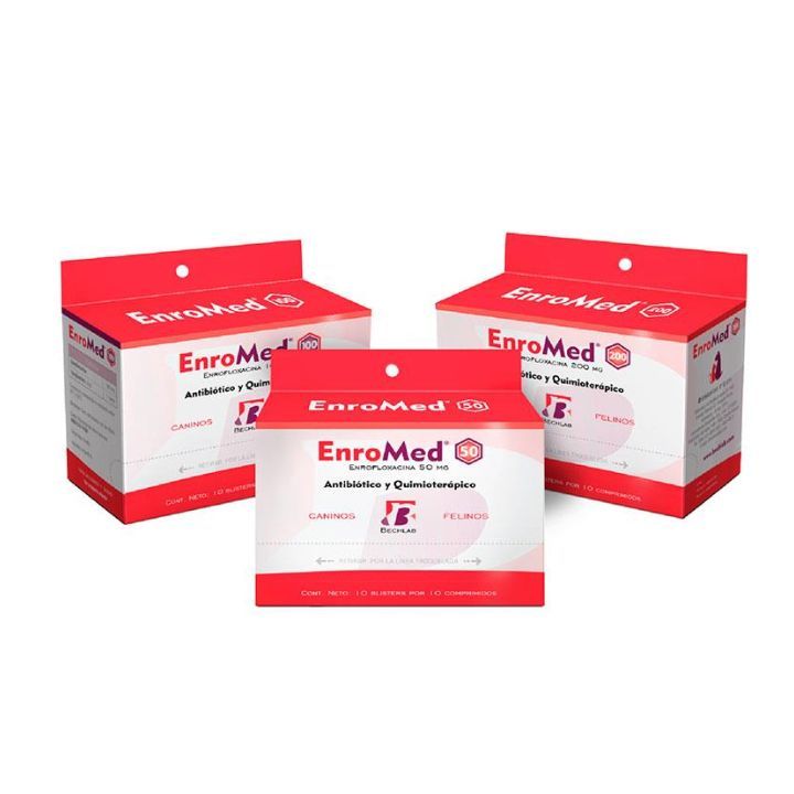 Tres cajas de medicamentos EnroMed en envase rojo y blanco.