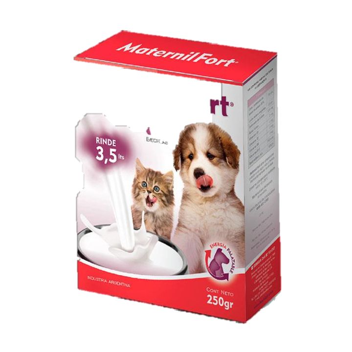 Caja de leche maternizada Maternifort para cachorros y gatitos. Caja roja con la imagen de un perro y un gato bebiendo leche.