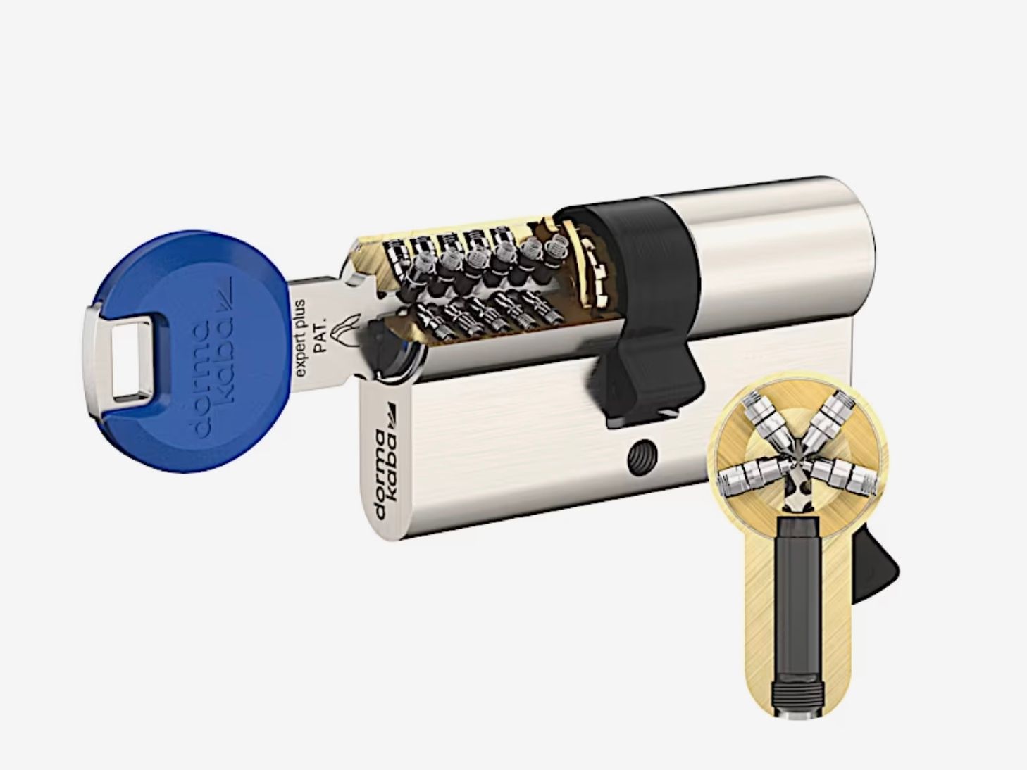 A close up of a door lock with a blue key on a white background — Lock It Up Townsville In Aitkenvale, QLD