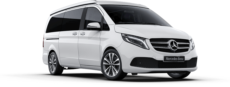 Un furgone di lusso Mercedes-Benz Classe V bianco, inclinato verso destra, su uno sfondo bianco uniforme.