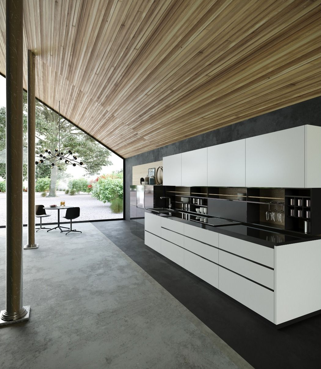 Modern kitchen with white cabinets, dark countertops, and wood ceiling. — Onyx Detailed Joinery in Unanderra, NSW