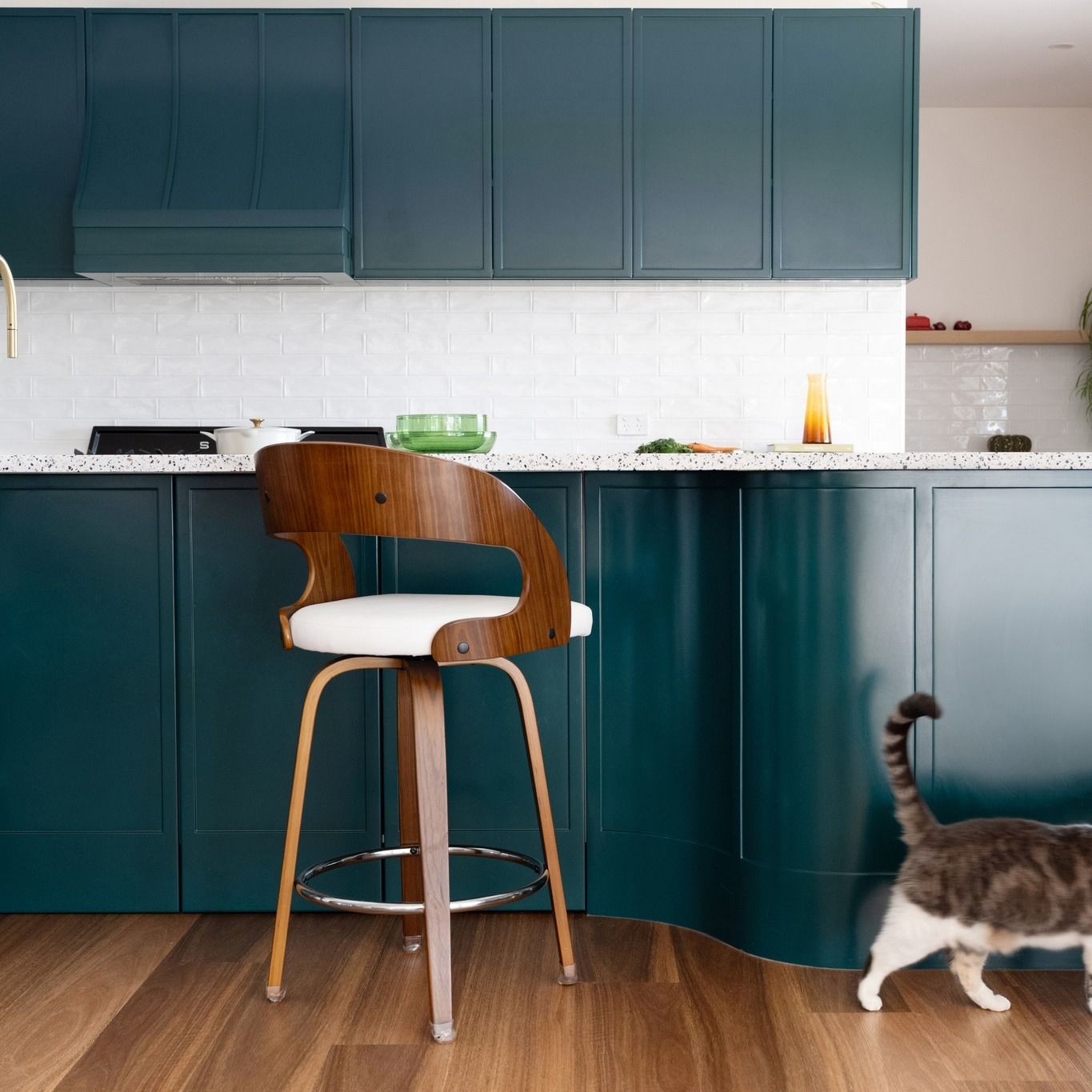 Teal Kitchen With a Wooden Stool — Onyx Detailed Joinery in Unanderra, NSW