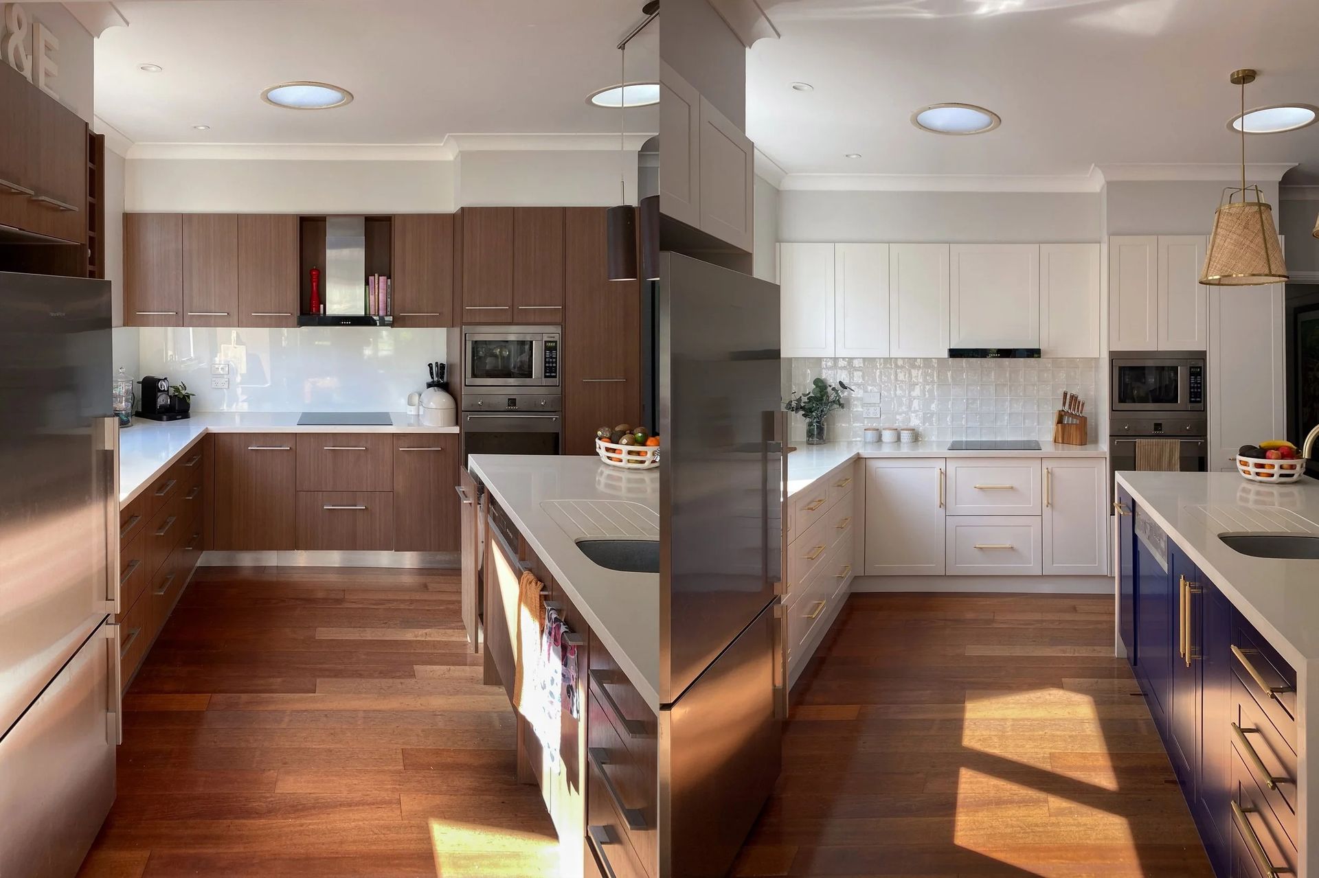 Side-by-side kitchen transformation: left shows dark wood cabinets and floors — Onyx Detailed Joinery In Unanderra, NSW