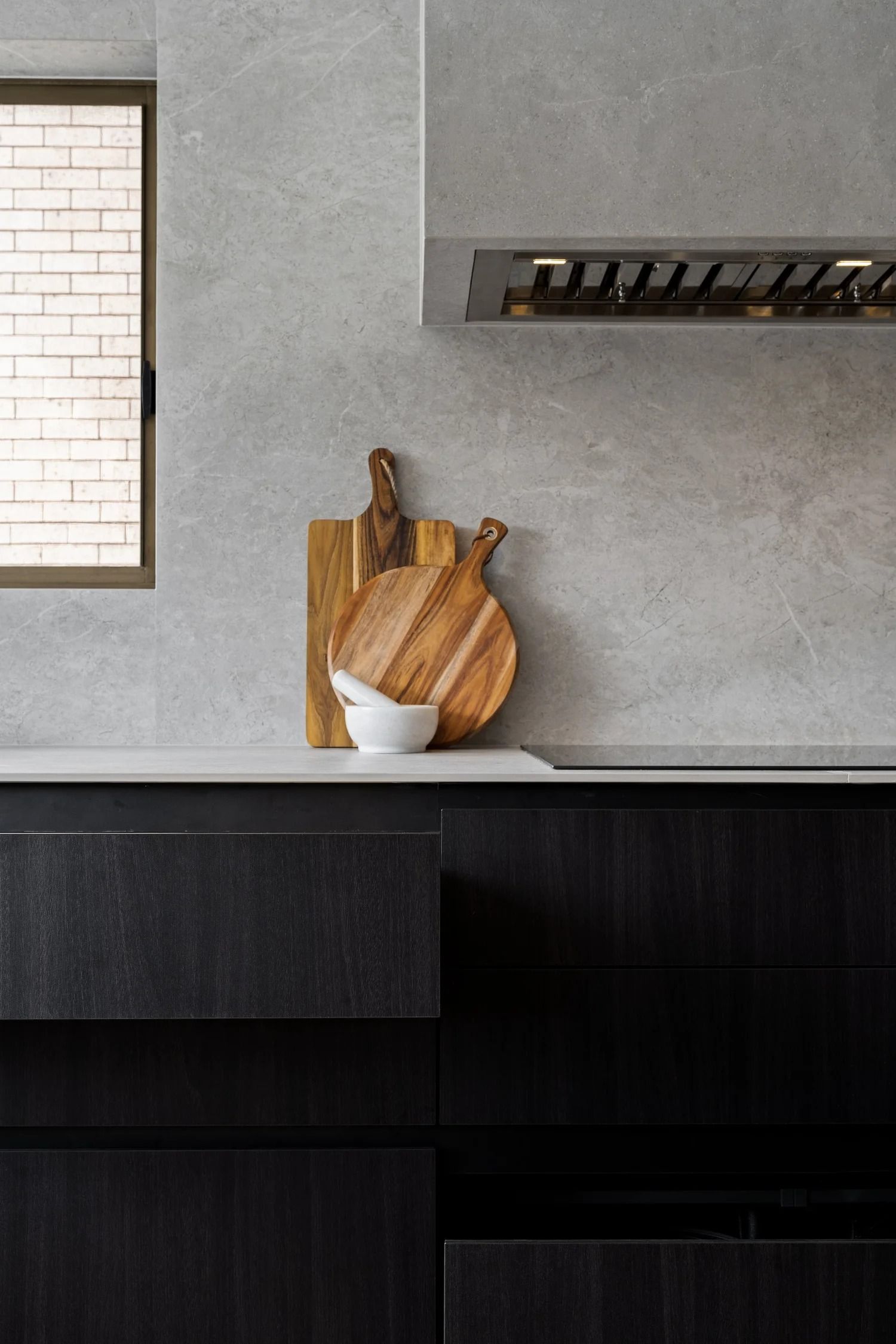 Kitchen With Dark Wood Cabinets — Onyx Detailed Joinery in Unanderra, NSW