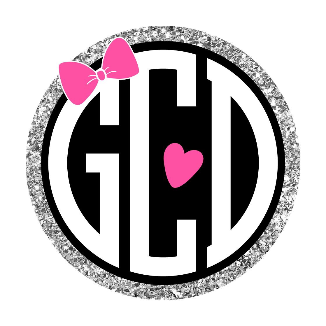 A monogram with a pink bow and a heart in the middle.