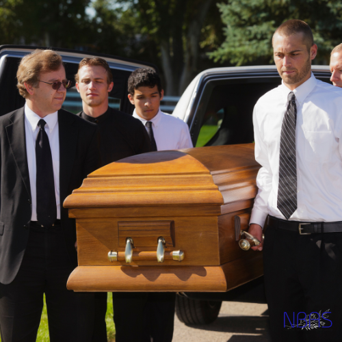 A group of men carrying a coffin in front of a news photo