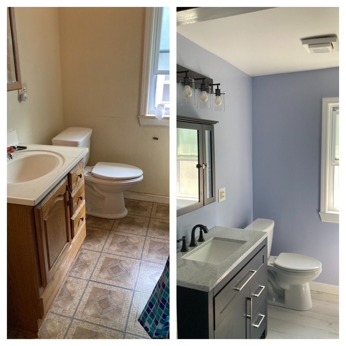 A before and after photo of a bathroom with a toilet , sink and mirror.