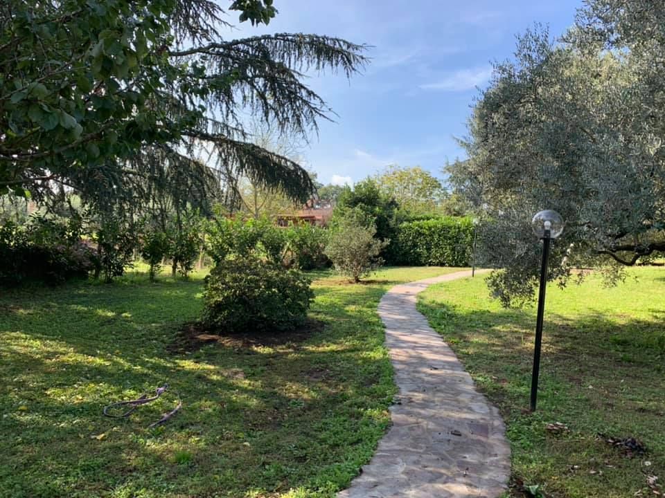 giardino esterno ben curato con vialetto di pietra
