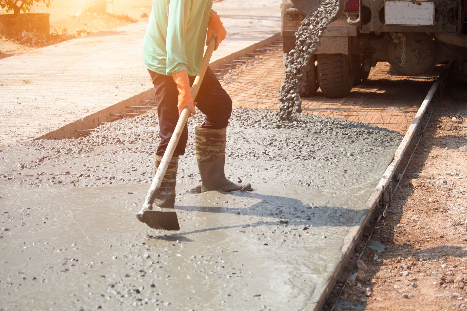 A worker in work clothes and boots uses a rake to spread fresh wet concrete poured from a truck onto a road construction site.