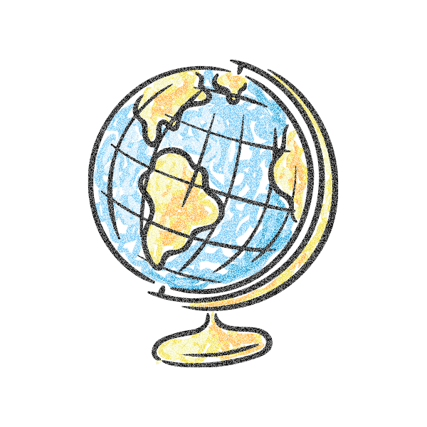 Globe on a stand, showing continents in yellow and oceans in blue.