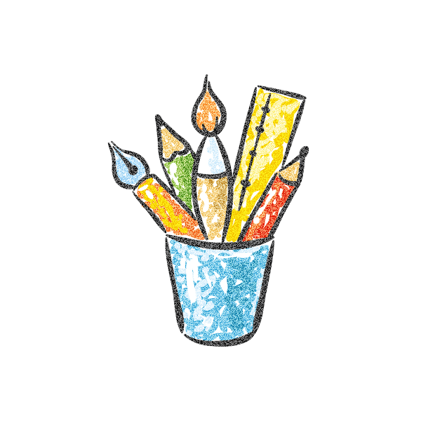 Drawing supplies in a blue cup: pens, pencils, paintbrush, and ruler.