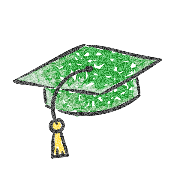 Green graduation cap with yellow tassel.