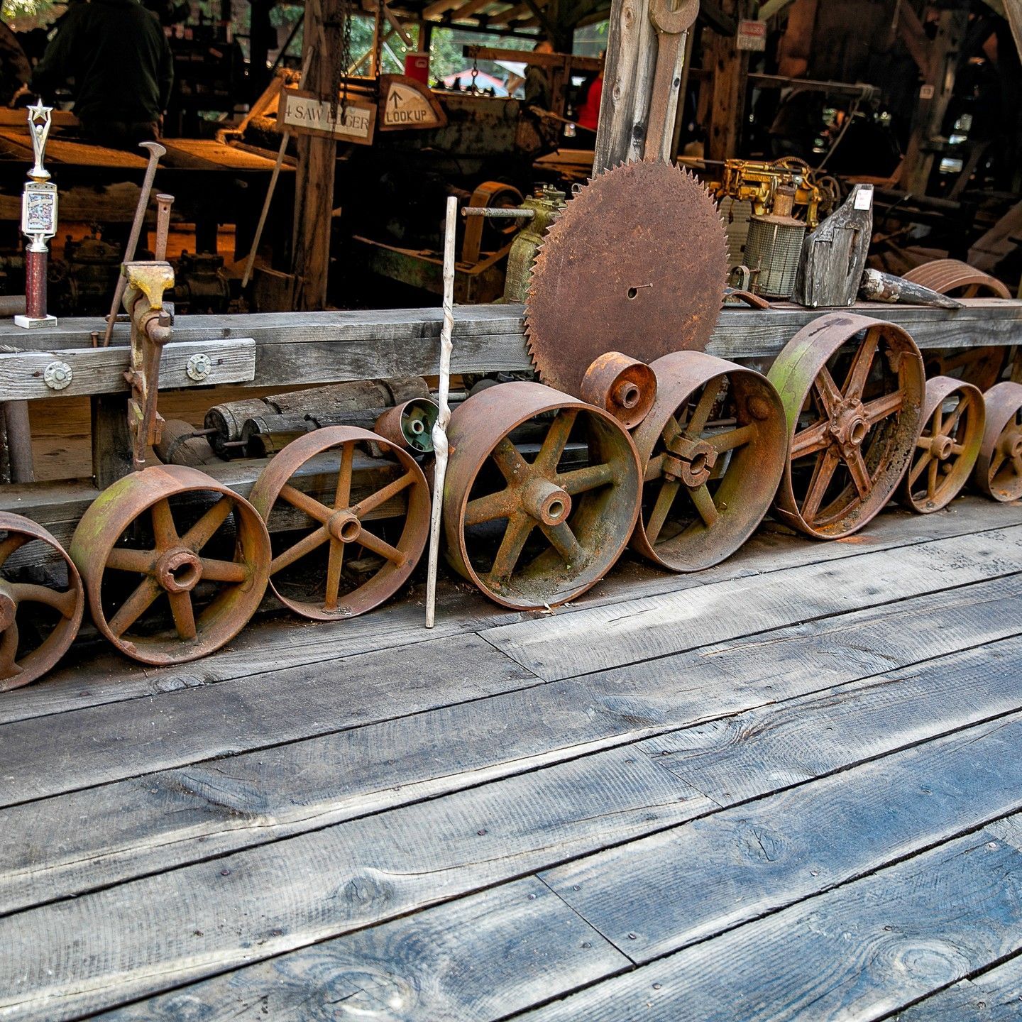 A row of rusty wheels on a wooden deck