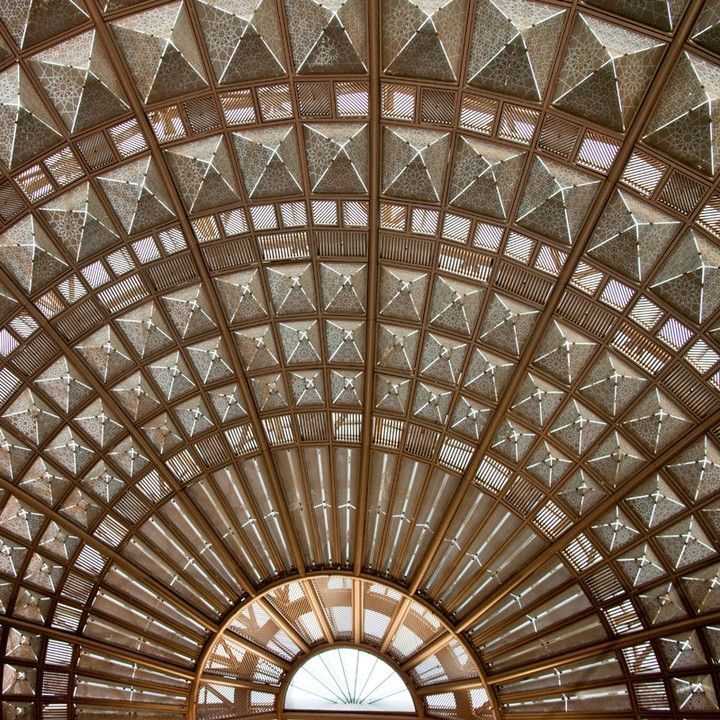 Looking up at the ceiling of a building