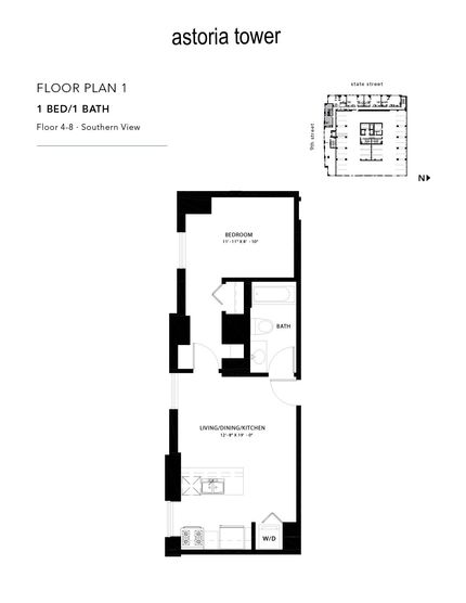 A black and white floor plan of a single bedroom apartment.