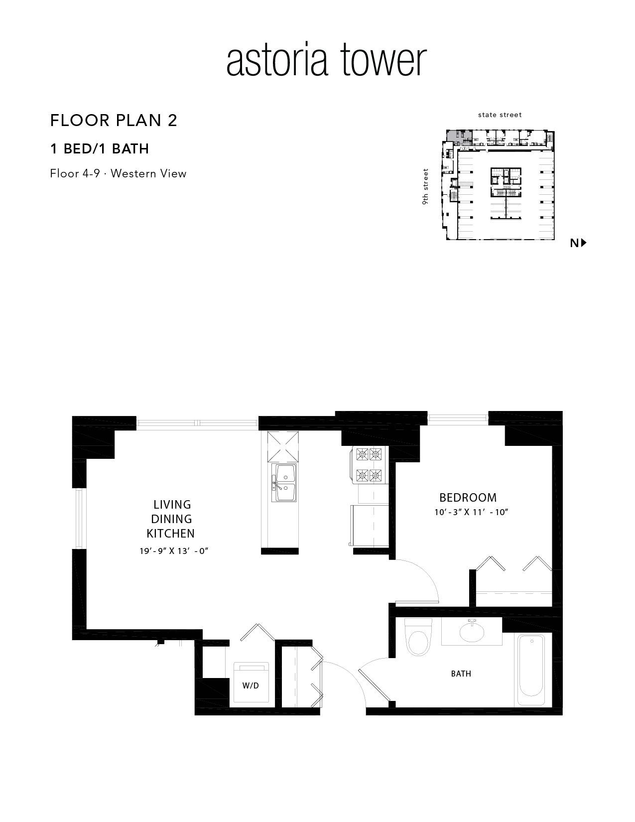 A black and white floor plan of a tower apartment.