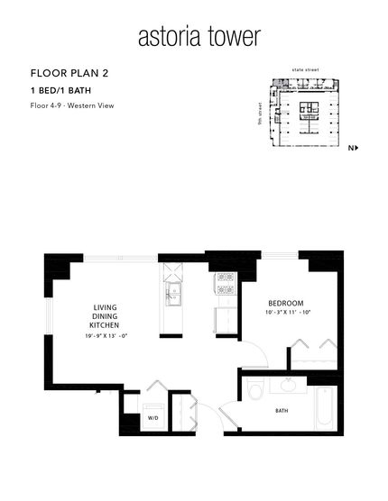 A black and white floor plan of a tower apartment.