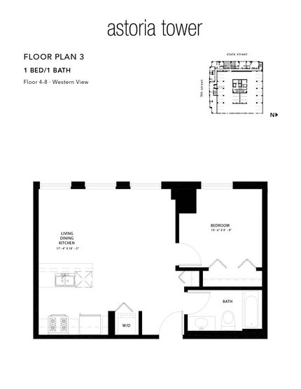 A black and white floor plan of a tower apartment.