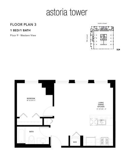 A black and white floor plan of a tower apartment.