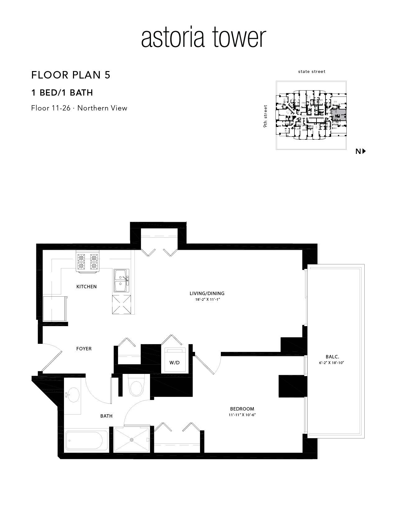 A black and white floor plan of a tower apartment.