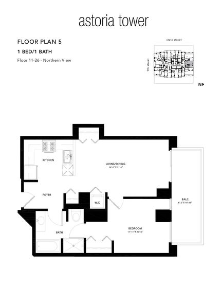 A black and white floor plan of a tower apartment.