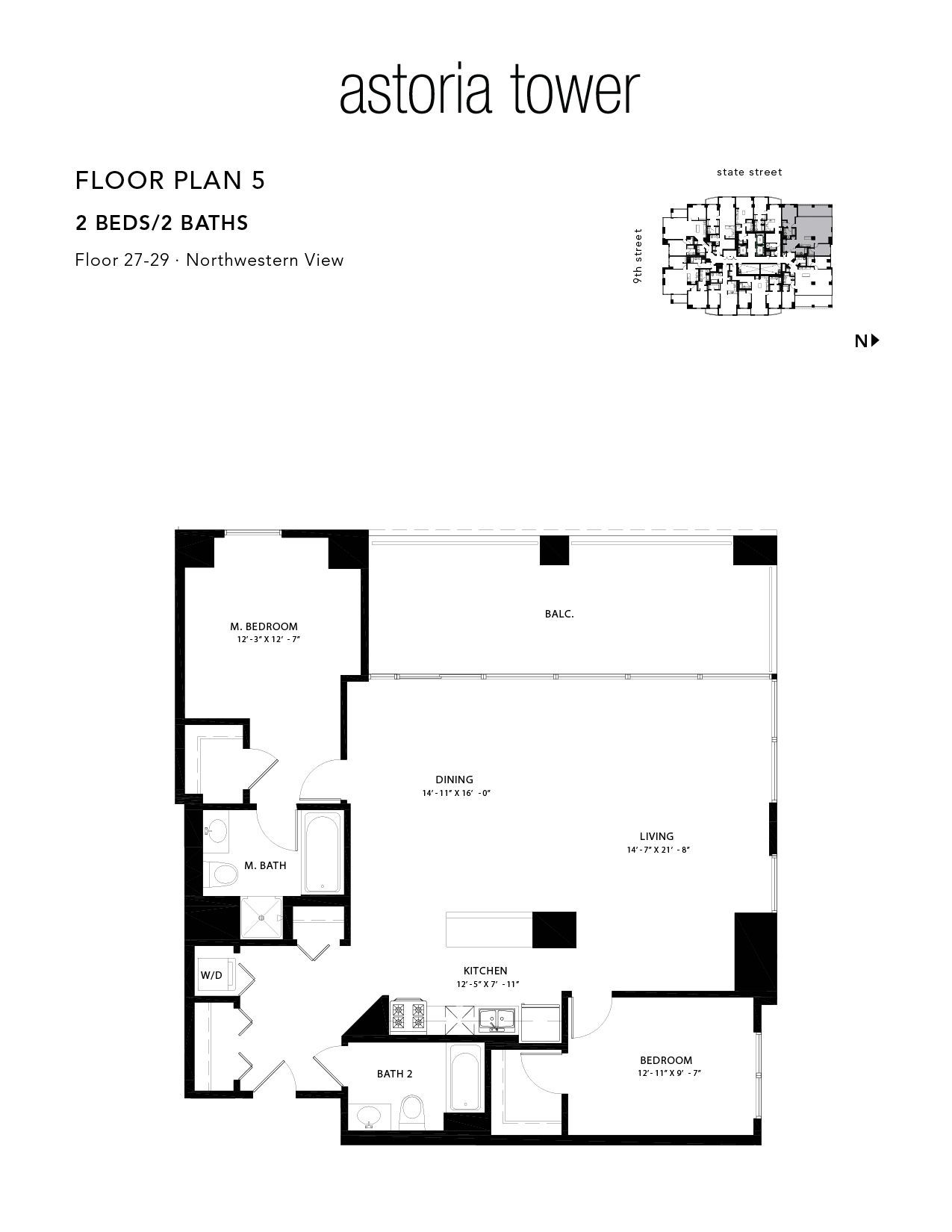 A black and white floor plan of a tower apartment.