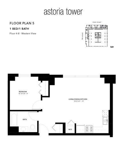 A black and white floor plan of a tower apartment.