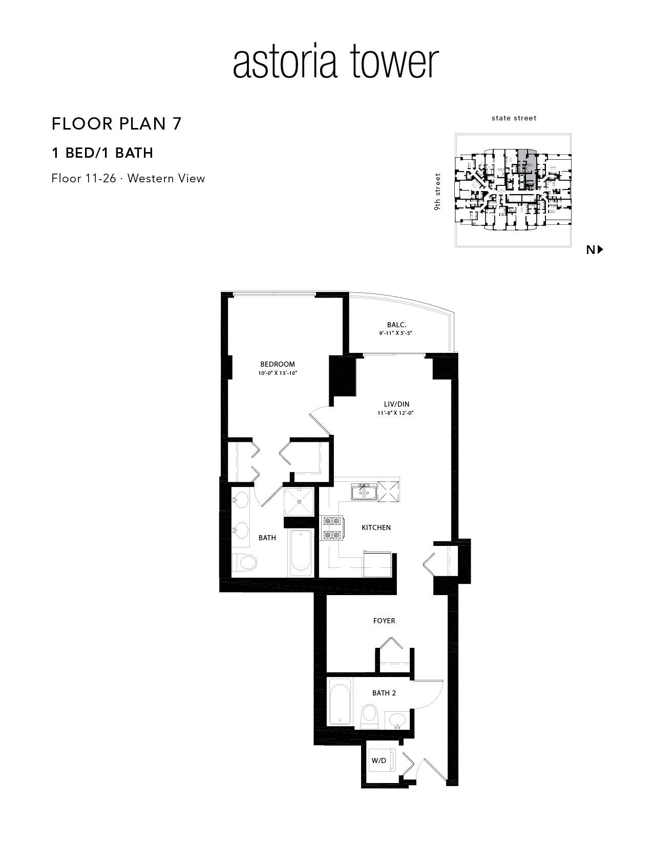 A black and white floor plan of a tower apartment.
