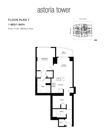 A black and white floor plan of a tower apartment.