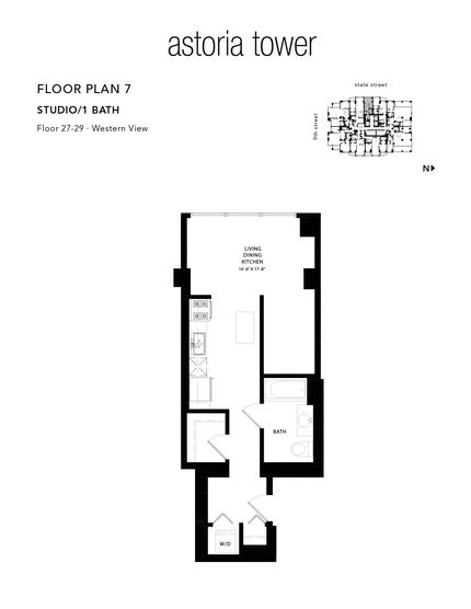 A black and white floor plan of a tower apartment.