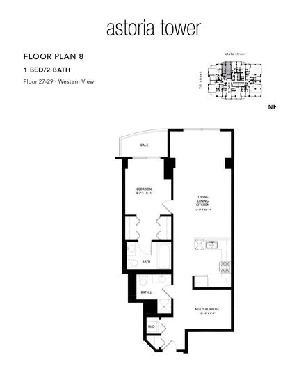 A black and white floor plan of a tower apartment.