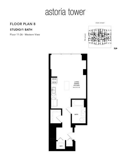 A black and white floor plan of a studio apartment at astoria tower.