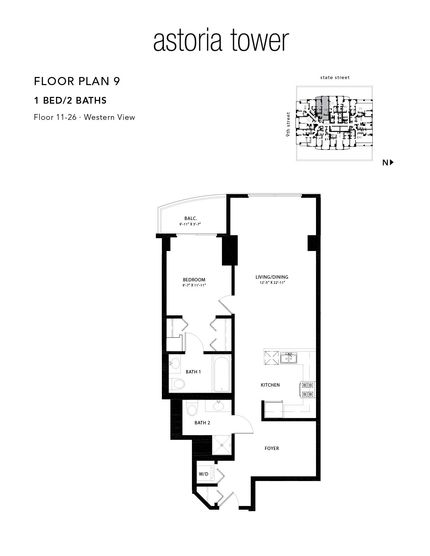 A black and white floor plan of a tower apartment.