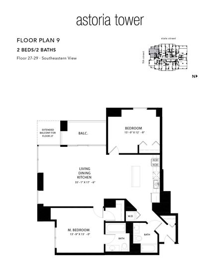 A black and white floor plan of a tower apartment.