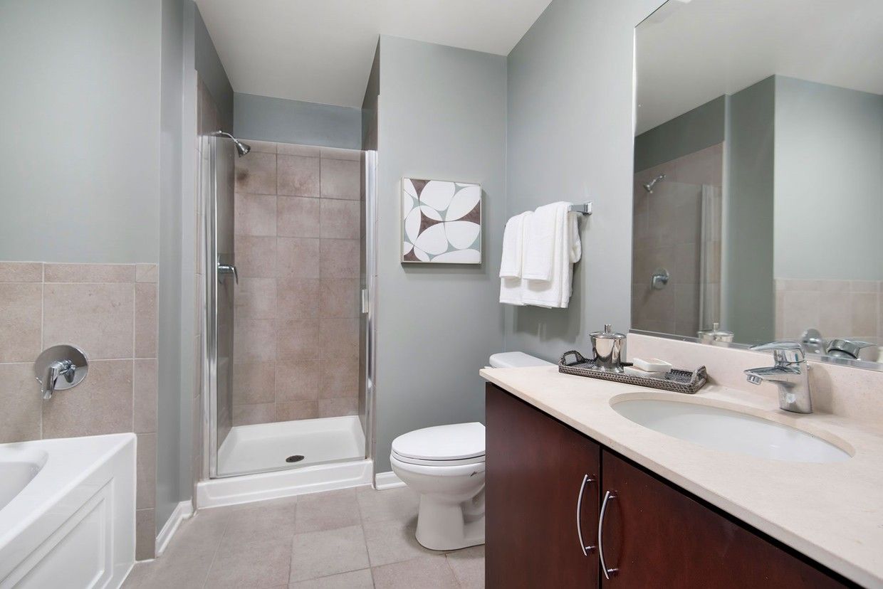 A bathroom with a toilet , sink , and shower