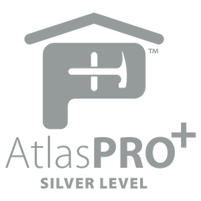 AtlasPRO+ Silver Level logo in gray, with a stylized house roof and pipe icon above the text